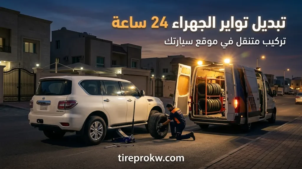 تبديل تواير الجهراء 24 ساعة مع فني متنقل لتركيب إطار جديد لسيارة دفع رباعي أمام المنزل