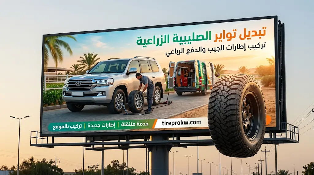 تبديل تواير الصليبية الزراعية لسيارات الجيب والدفع الرباعي مع توصيل وتركيب الإطارات الجديدة بالقرب من المزارع