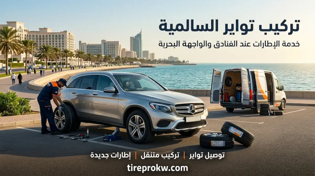 محل تواير السالمية لخدمة المجمعات والمواقف 24 ساعة 2 تركيب تواير السالمية بالقرب من الواجهة البحرية والفنادق مع توصيل الإطارات الجديدة وتركيبها في موقع السيارة