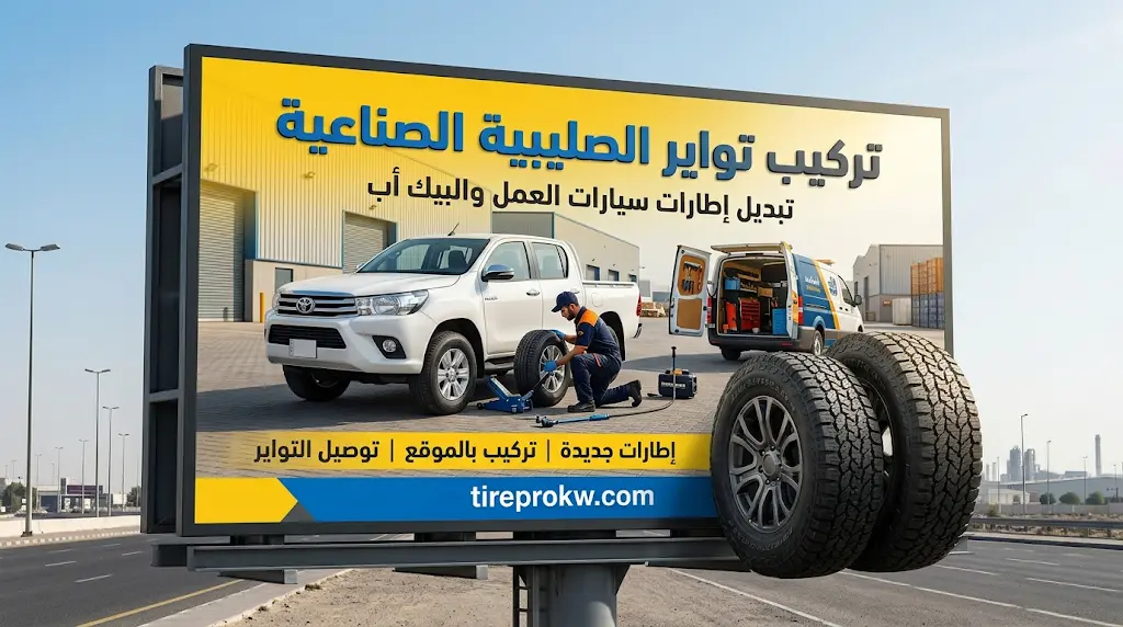 محلات وخدمات تواير Tire Pro في مناطق الكويت 4 تركيب تواير الصليبية الصناعية لسيارات البيك أب وسيارات العمل مع توصيل الإطارات الجديدة وتركيبها في الموقع