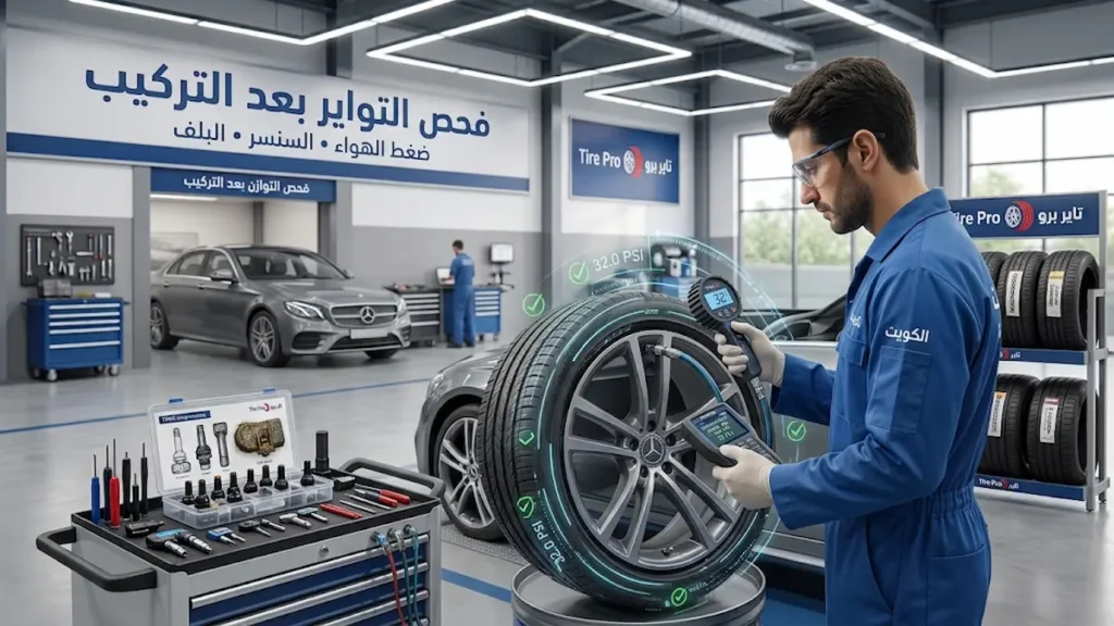 تبديل تواير الكويت | خدمة تركيب اطارات متنقل 24 ساعة 8 فحص ضغط الهواء وسنسر التواير بعد تبديل الإطارات من تاير برو