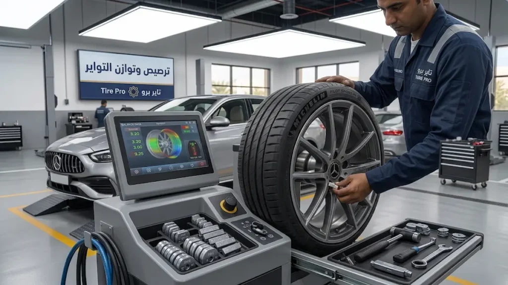 تجليس التواير في الكويت – تجليس سيارات وفحص توازن العجلات 7 ترصيص وتوازن تواير السيارة من تاير برو الكويت