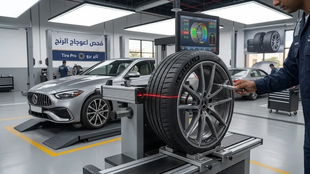تجليس التواير في الكويت – تجليس سيارات وفحص توازن العجلات 6 فحص اعوجاج الرنج وتوازن العجلة